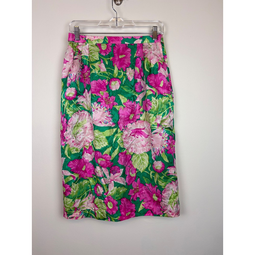 Anne Crimmins Umi Collections Skirt 10 Green Pink Floral Silk‎ Vintage Pencil